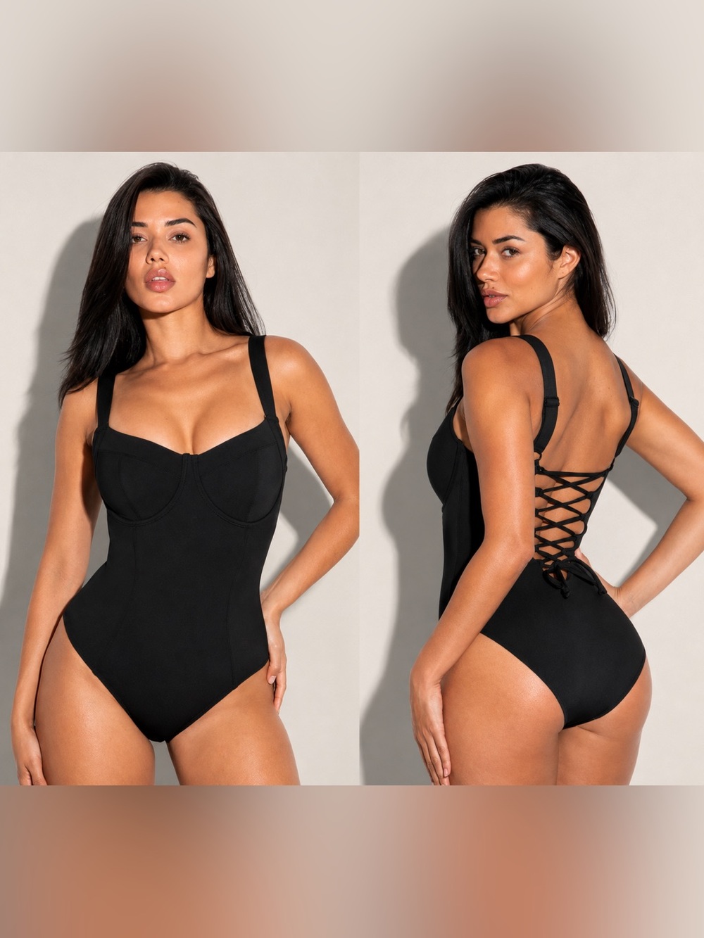 TA3 Classic Black Lace-Up Back One-Piece Swimsuit